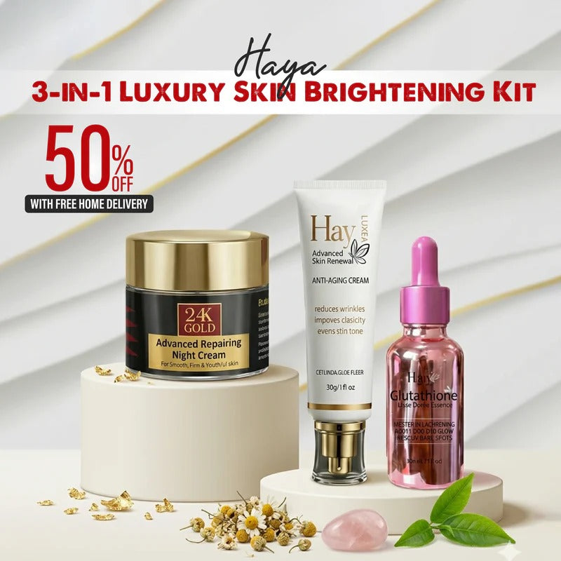 Haya 3-in-1 Luxury Skin Brightening Kit (24K Gold Anti-Aging Cream - Ultra Beauty Cream - Glutathione Serum)